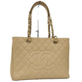 Chanel Gst Chain Tote Bag Quilted Caviar Leather Beige