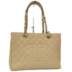 Chanel Gst Chain Tote Bag Quilted Caviar Leather Beige