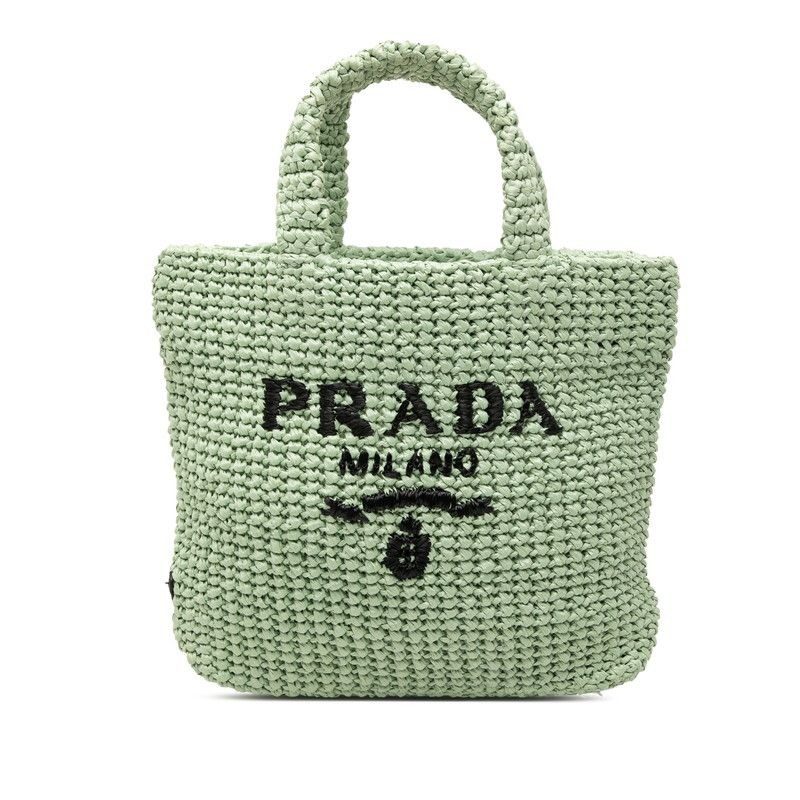 Prada Triangle Logo Small Crochet Tote Green Raffia