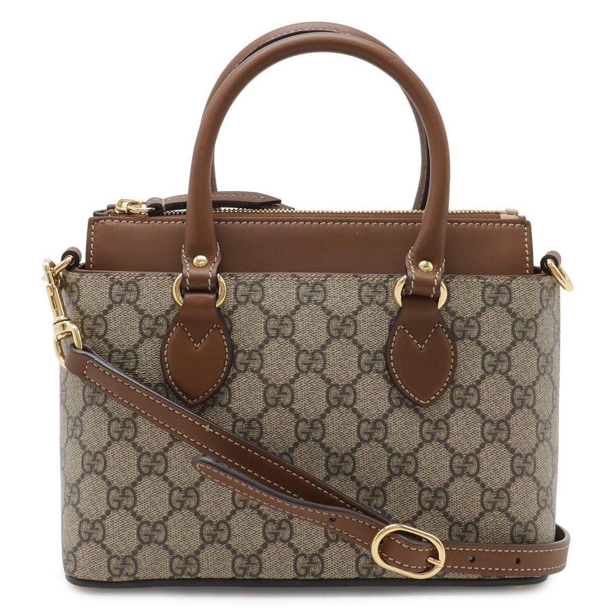 Gucci GG Supreme Mini Bag 2-Way Crossbody Leather Beige Brown Gold
