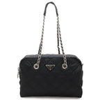 Prada Triangle Logo Chain Shoulder Bag Quilted Nylon Nero Black Silver