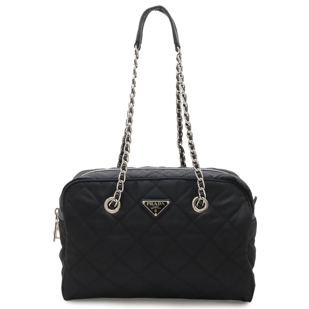 Prada Triangle Logo Chain Shoulder Bag Quilted Nylon Nero Black Silver