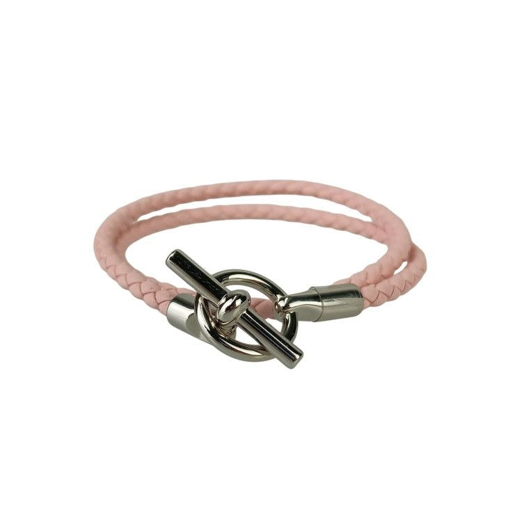 Hermes Bracelet Glenan Pink Leather Doubl Tour Braided Silver Hardware