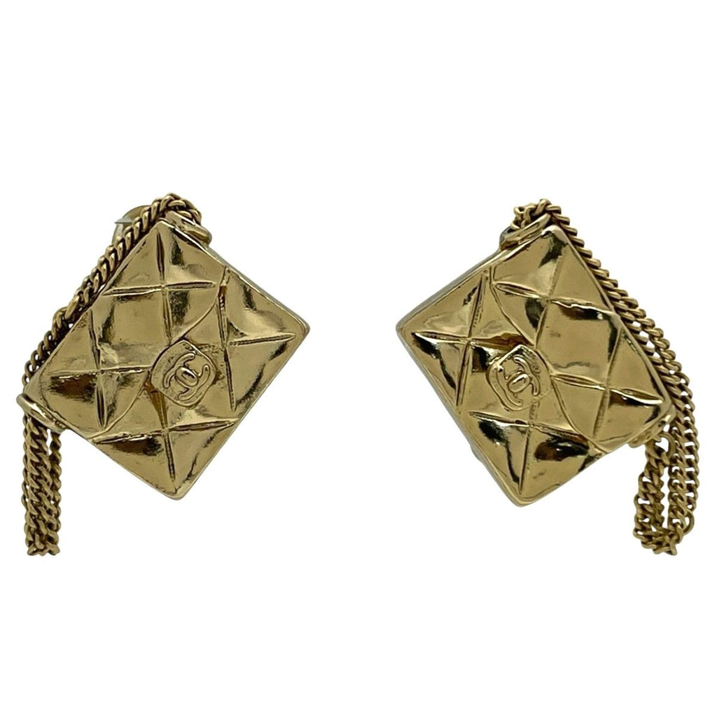 Chanel CC Logo Earrings Quilted Gold Plated