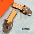 Hermes Sandals Oran H Logo Flat Shoes Mules Etoupe Gray 36