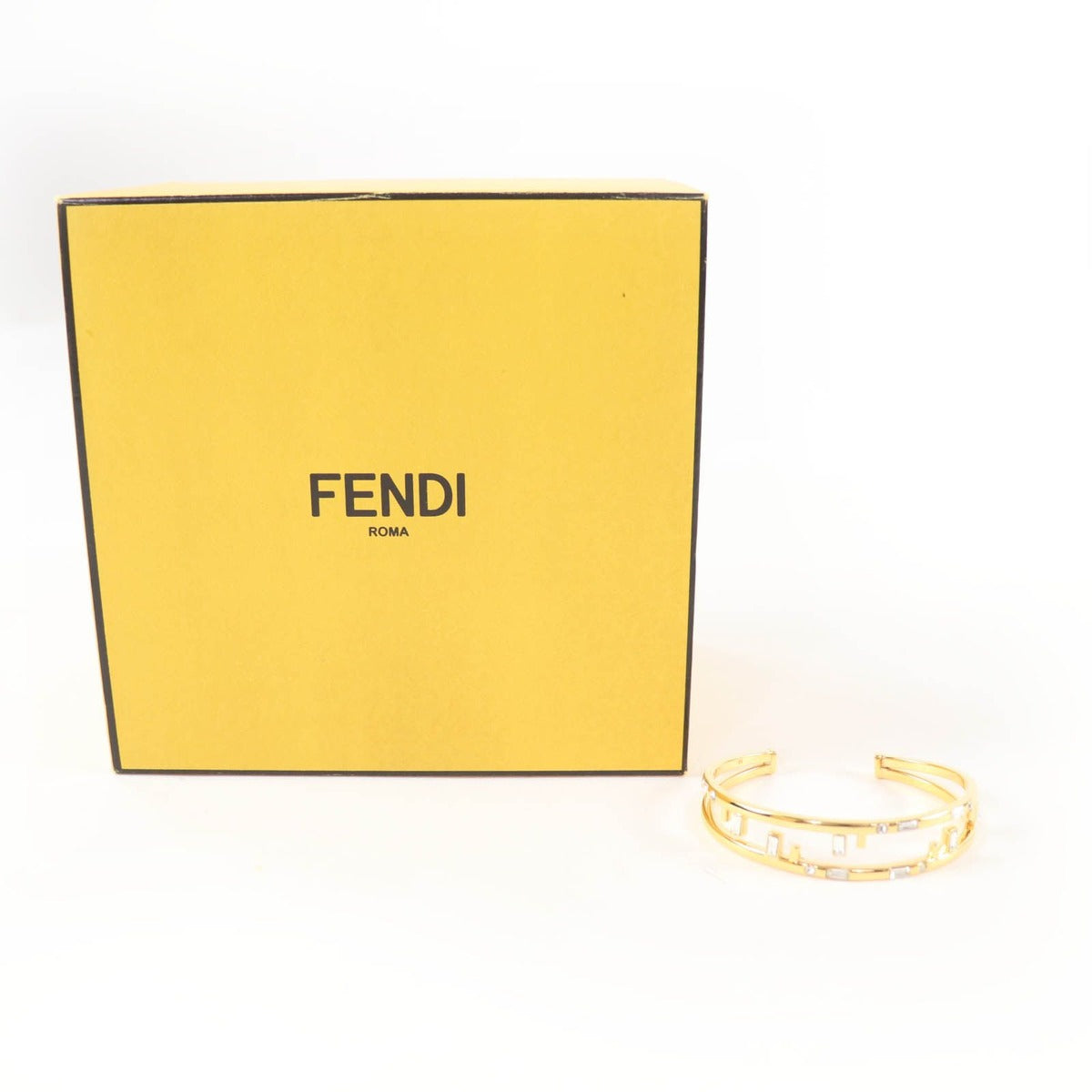 Fendi First FF Motif Rhinestone Bangle Bracelet M Gold — view 2