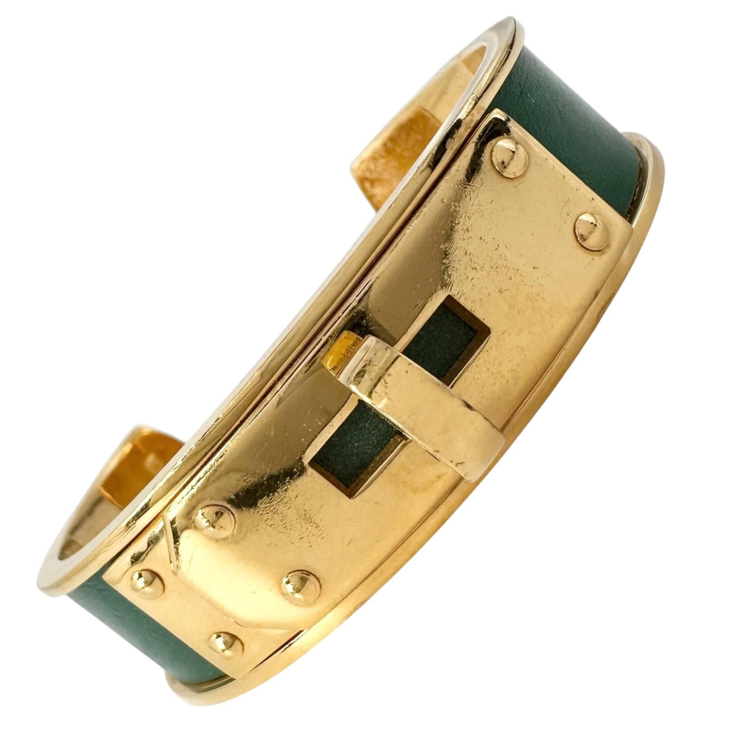 Hermes Kelly Leather Metal Green Gold Bangle Bracelet