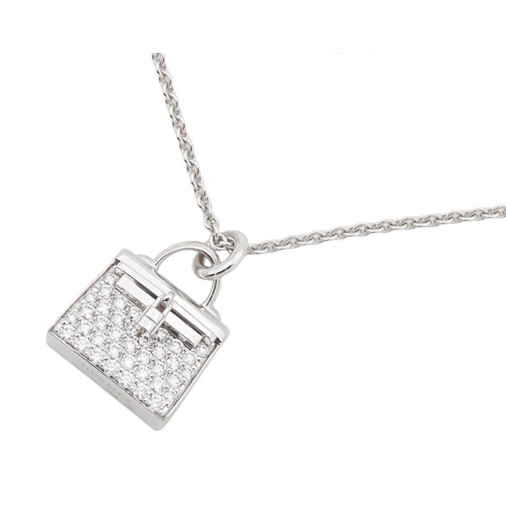 Hermes Amulette Kelly Pendant White Gold 18K Diamond Pave Necklace