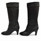 Chanel CC Logo Stitch Chunky Heel Round Toe Leather Long Boots Black — view 3
