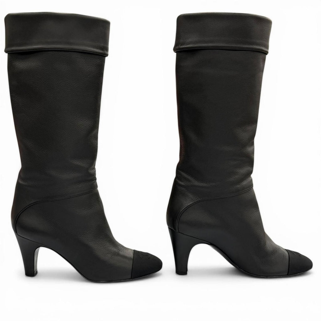 Chanel CC Logo Stitch Chunky Heel Round Toe Leather Long Boots Black — view 4