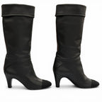 Chanel CC Logo Stitch Chunky Heel Round Toe Leather Long Boots Black — view 4