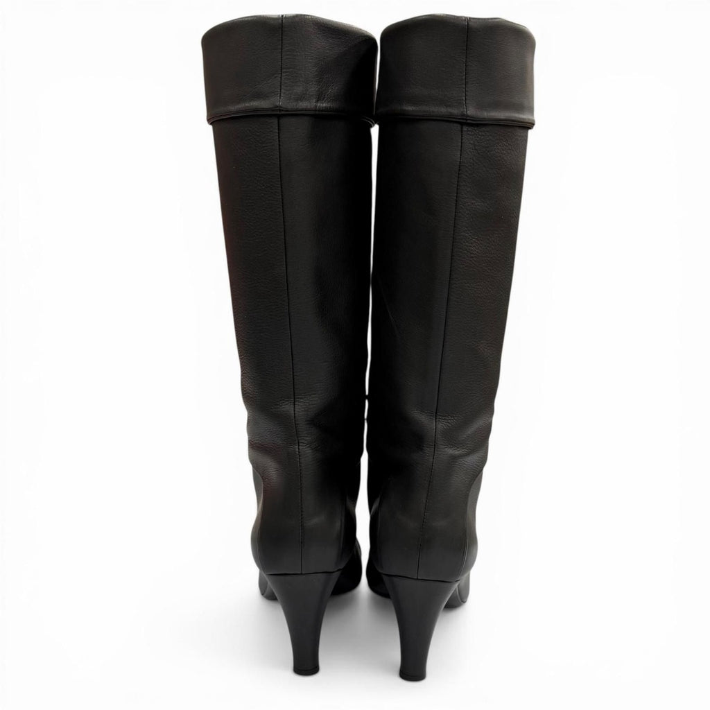 Chanel CC Logo Stitch Chunky Heel Round Toe Leather Long Boots Black — view 5