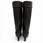 Chanel CC Logo Stitch Chunky Heel Round Toe Leather Long Boots Black — view 5