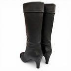 Chanel CC Logo Stitch Chunky Heel Round Toe Leather Long Boots Black — view 6