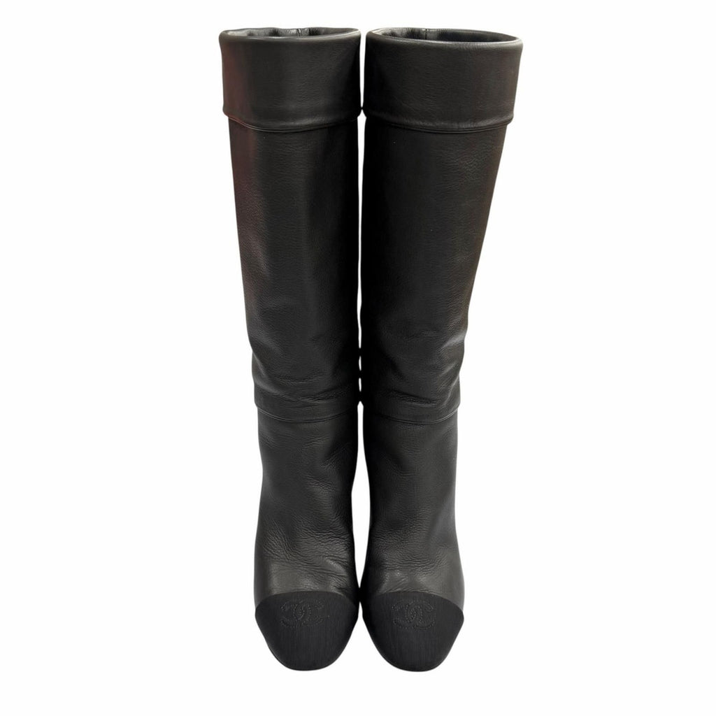 Chanel CC Logo Stitch Chunky Heel Round Toe Leather Long Boots Black — view 7