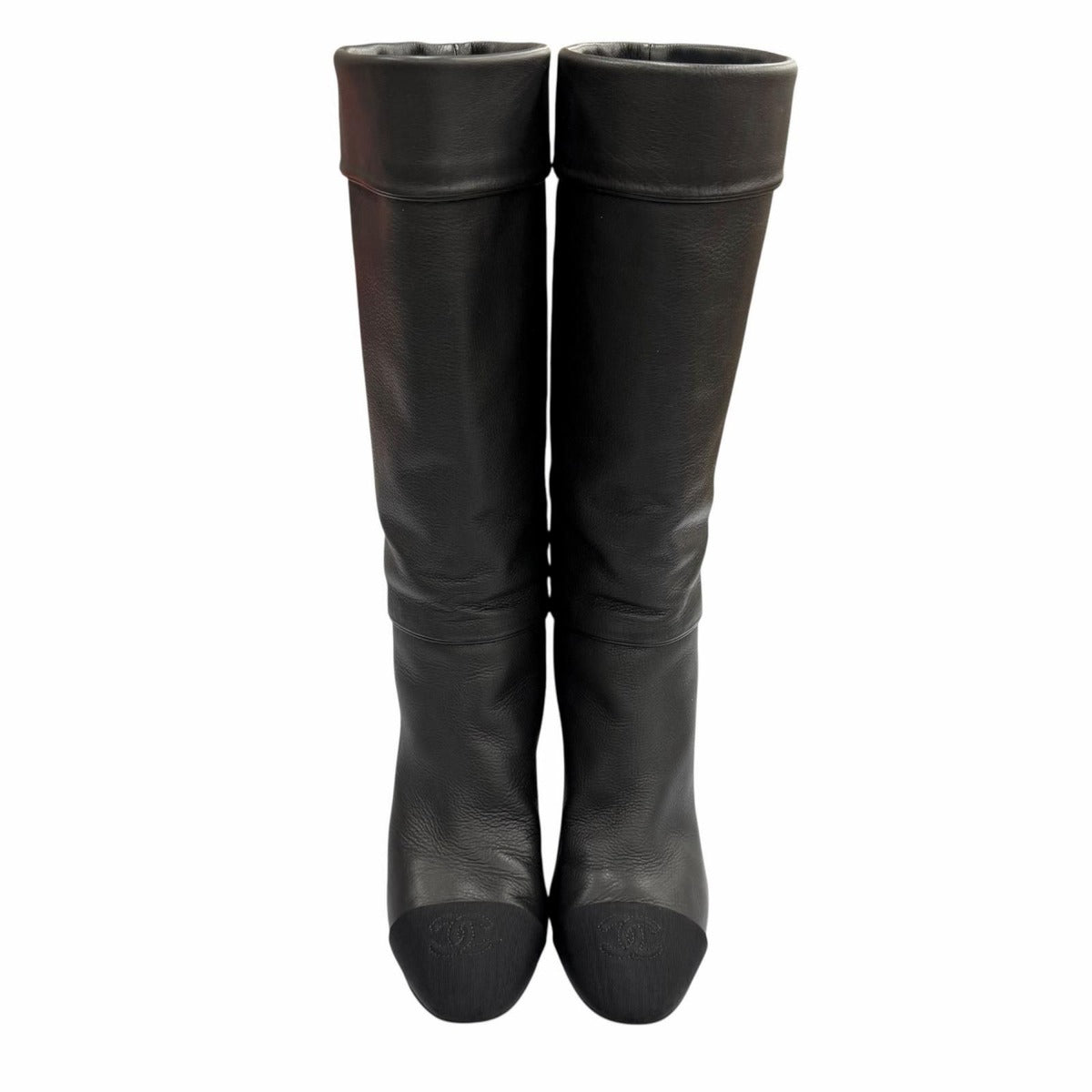 Chanel CC Logo Stitch Chunky Heel Round Toe Leather Long Boots Black — view 7