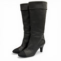 Chanel CC Logo Stitch Chunky Heel Round Toe Leather Long Boots Black