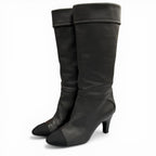 Chanel CC Logo Stitch Chunky Heel Round Toe Leather Long Boots Black