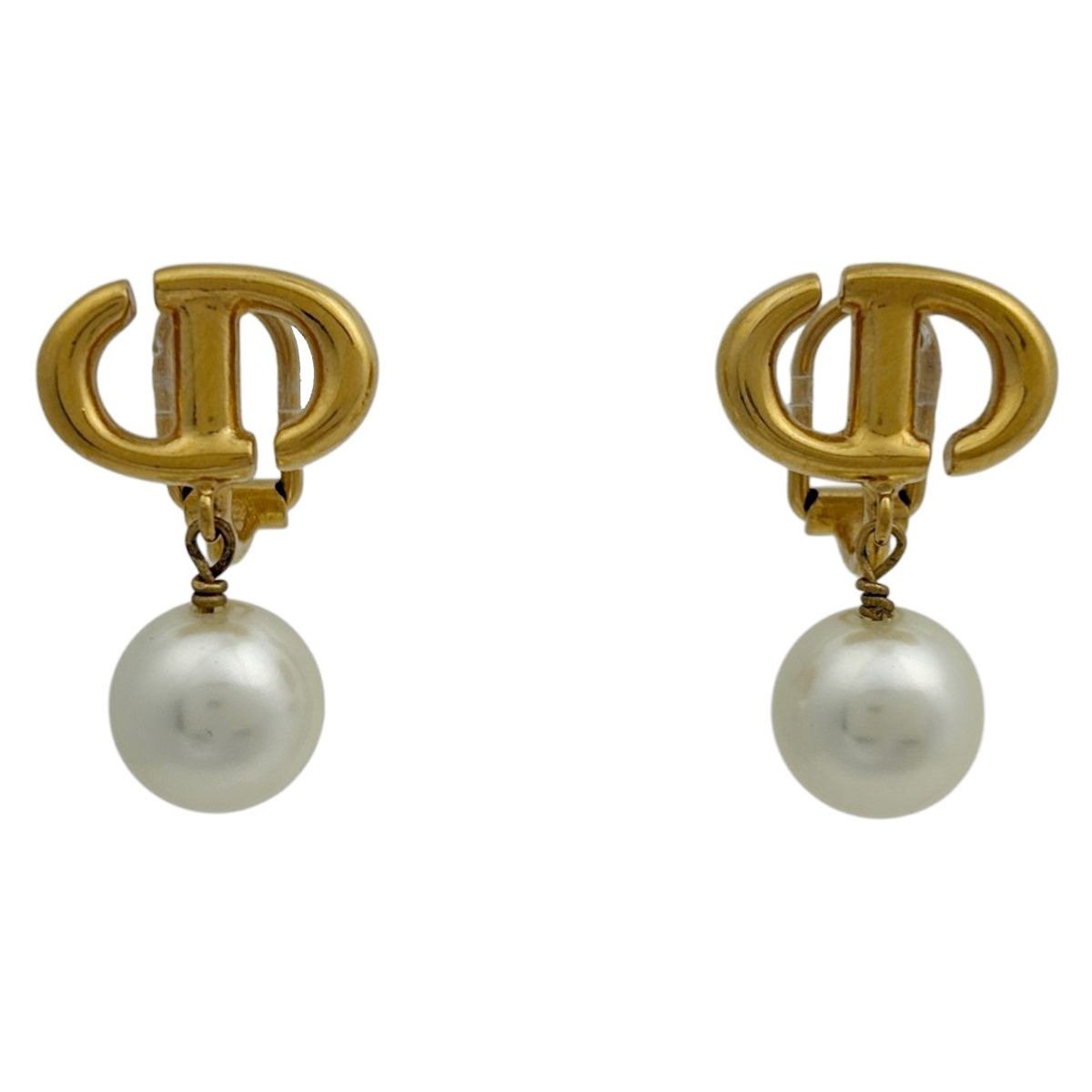 Dior Logo Faux Pearl Earrings CD Swing Gold Plated