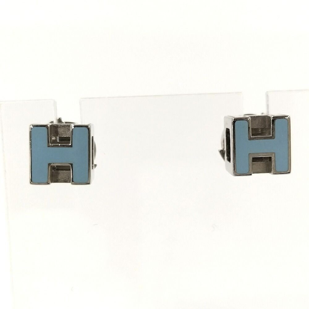 Hermes Cage Ash Cube Earrings H Logo Blue Silver Plated