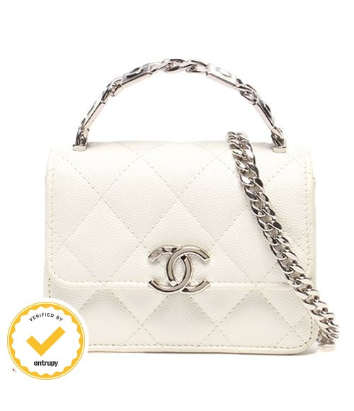 Chanel Mini Chain Shoulder Bag Clutch Crossbody Silver Quilted Caviar Leather