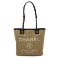 Chanel Deauville Tote PM Shoulder Bag Chain Canvas Leather Beige Silver
