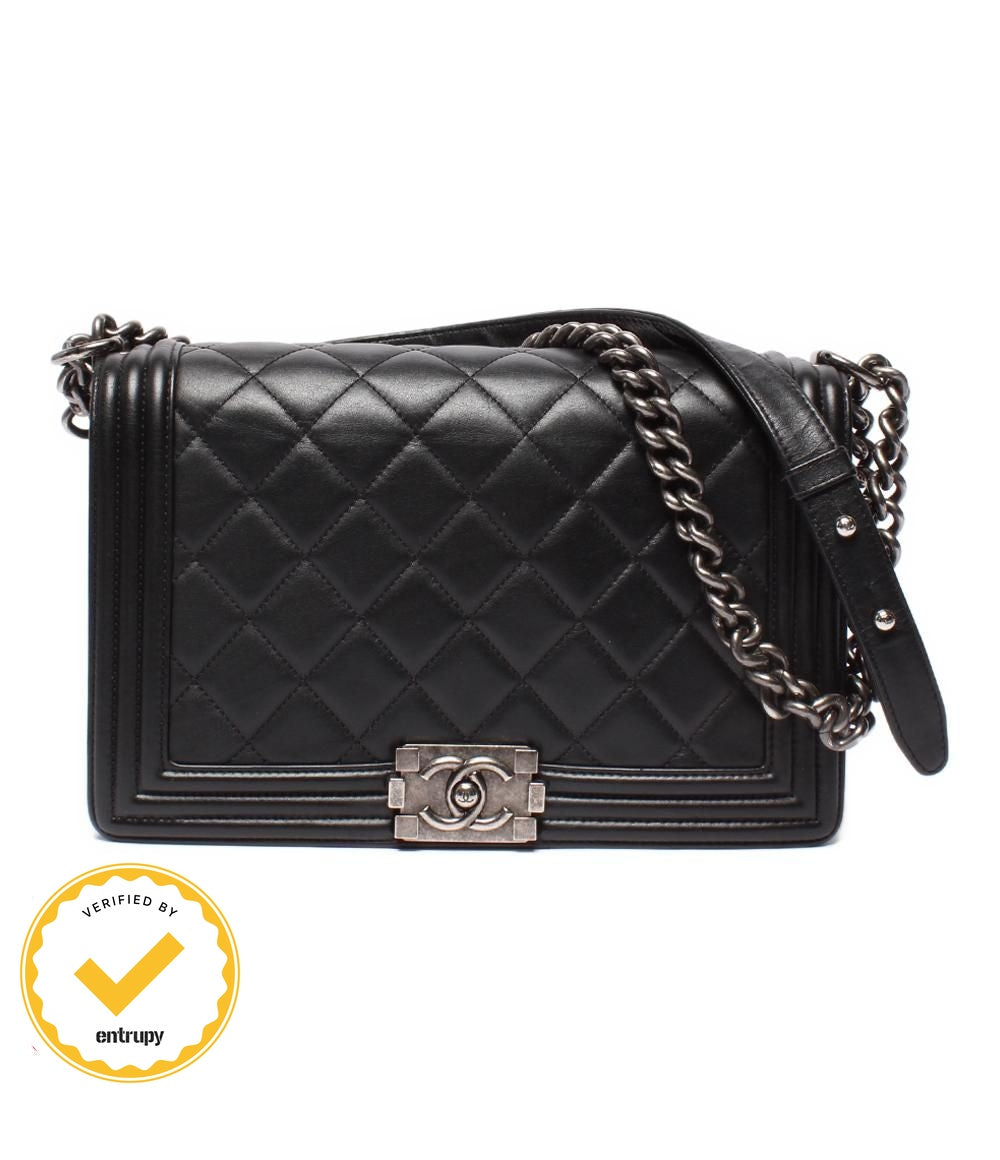 Chanel Chain Shoulder Bag Vintage Silver Smooth Leather Boy 25