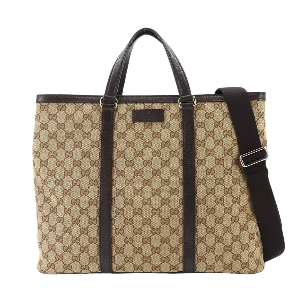 Gucci GG Canvas 2-Way Tote Shoulder Bag Leather Beige Brown Silver
