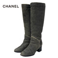 Chanel Boots Long Shoes Leather Shearling Gray Coco Mark