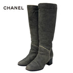 Chanel Boots Long Shoes Leather Shearling Gray Coco Mark