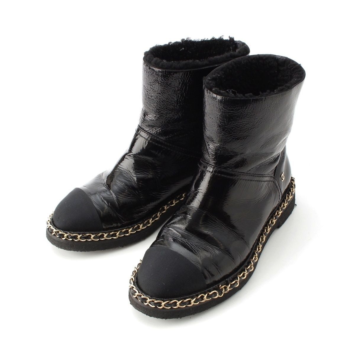 Chanel Leather CC Logo Chain Boots Shoes Black 36c
