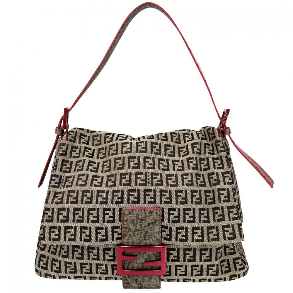 Fendi Shoulder Bag Mamma Bucket Zucchino Pattern Bag Canvas Leather Brown Red