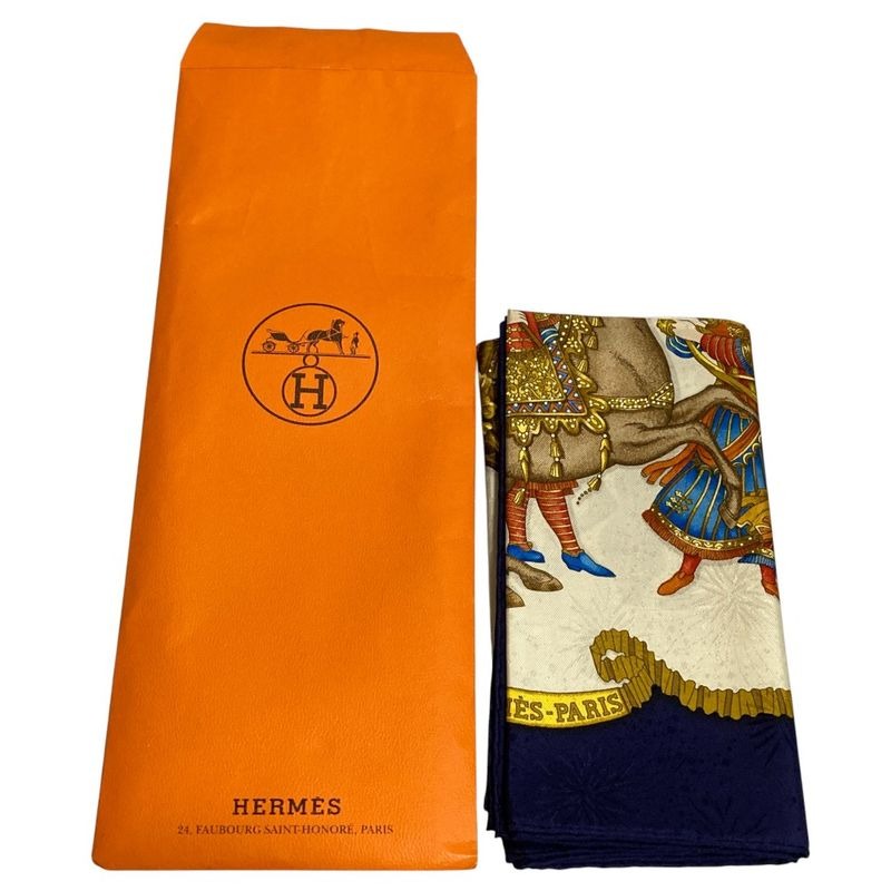 Hermes 90 LES Fetes DU ROI Soleil Celebration Of The Sun King Silk Scarf Navy