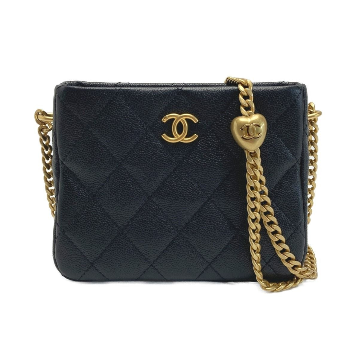 Chanel Coco Mark Quilted Chain Shoulder Bag As3830 Black Caviar Leather Heart