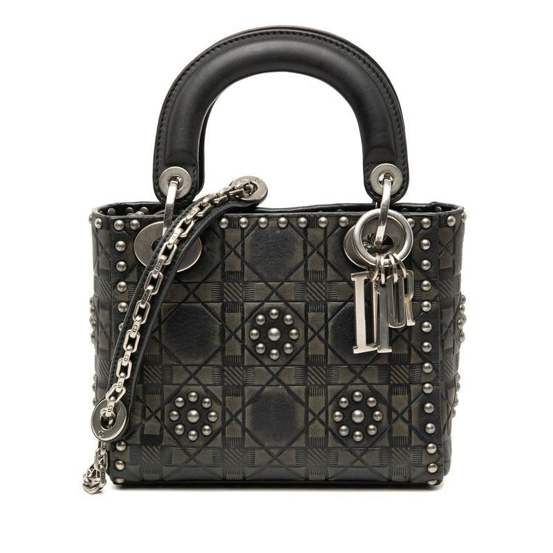 Dior Cannage Lady Studded Handbag Chain Shoulder Bag 2WAY Black Leather — view 2