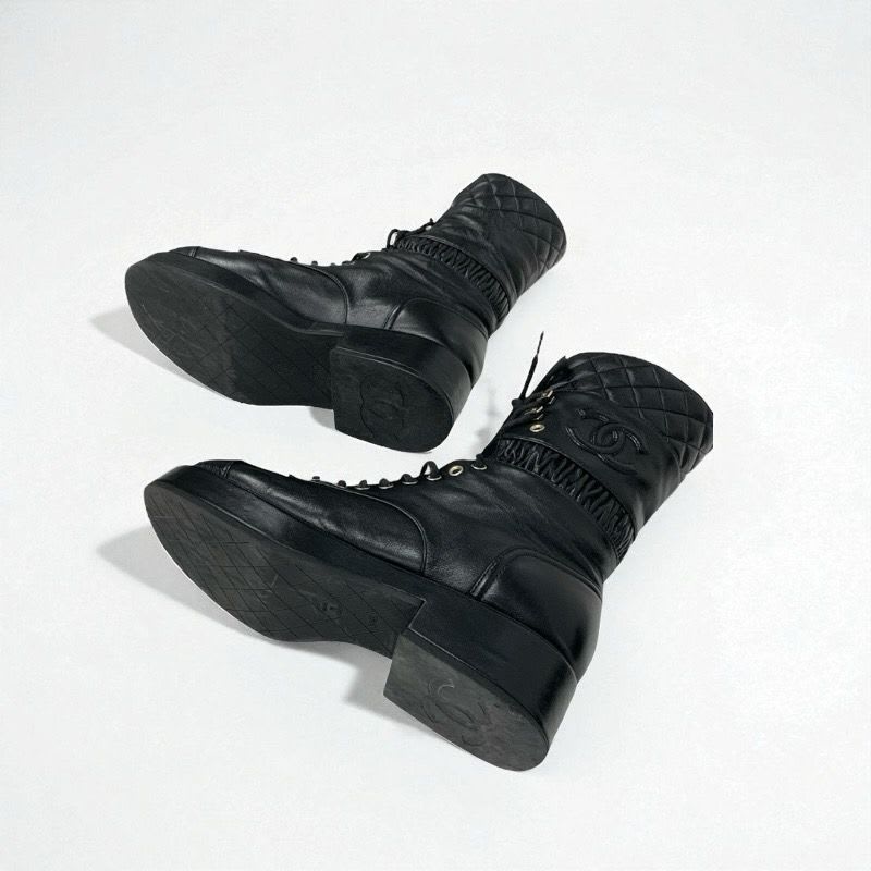 Chanel Boots Short Shoes Leather Black Coco Mark Quilted Lace Up Middle — view 6