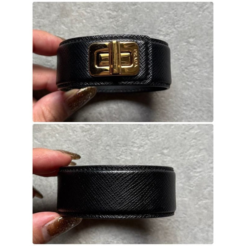 Prada Saffiano Leather Logo Belt Bracelet Turnlock Black Gold Size — view 2