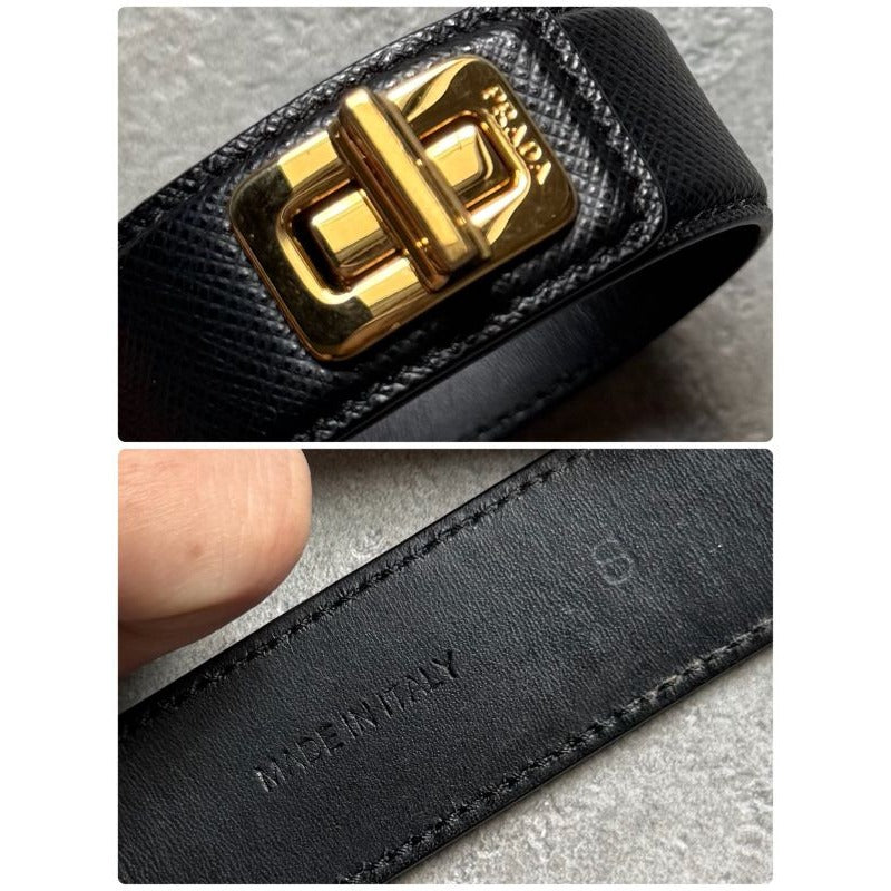 Prada Saffiano Leather Logo Belt Bracelet Turnlock Black Gold Size — view 8