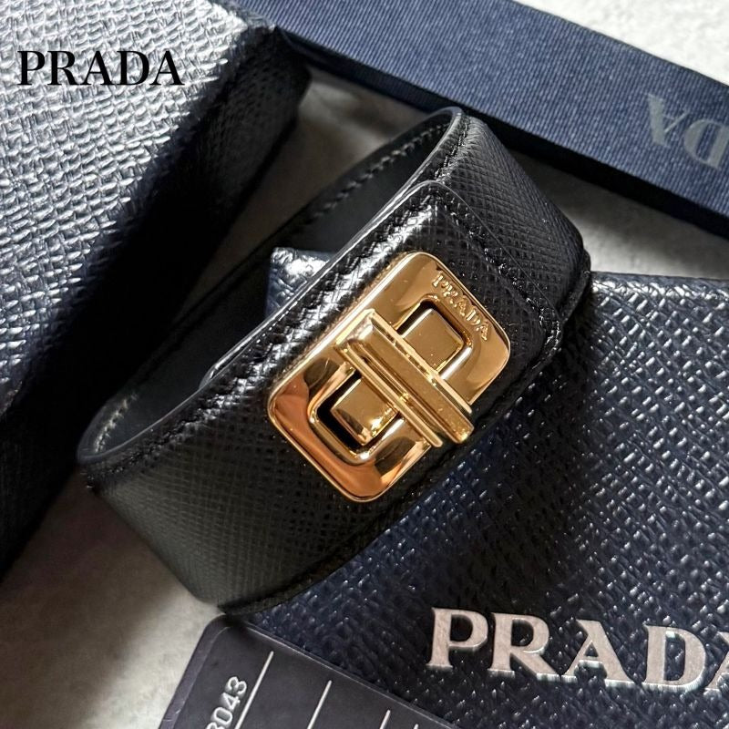 Prada Saffiano Leather Logo Belt Bracelet Turnlock Black Gold Size — view 5