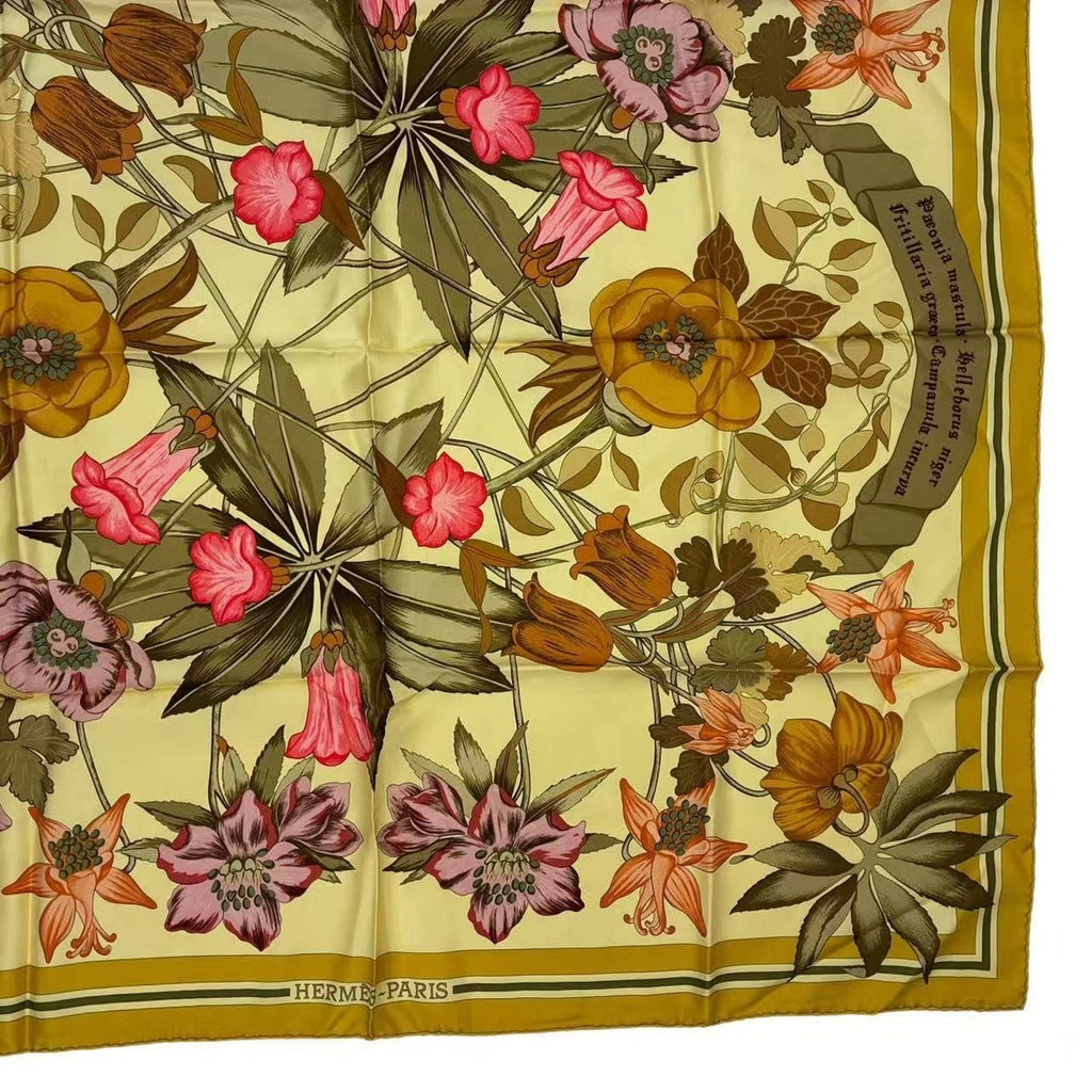 Hermes Scarf Carre 90 Silk Fleurs D'hellade Hellas Flower Yellow — view 4