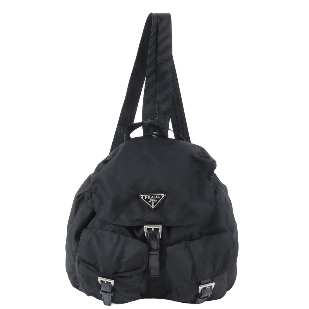 Prada Tessuto Nylon Triangle Logo Leather Backpack Black