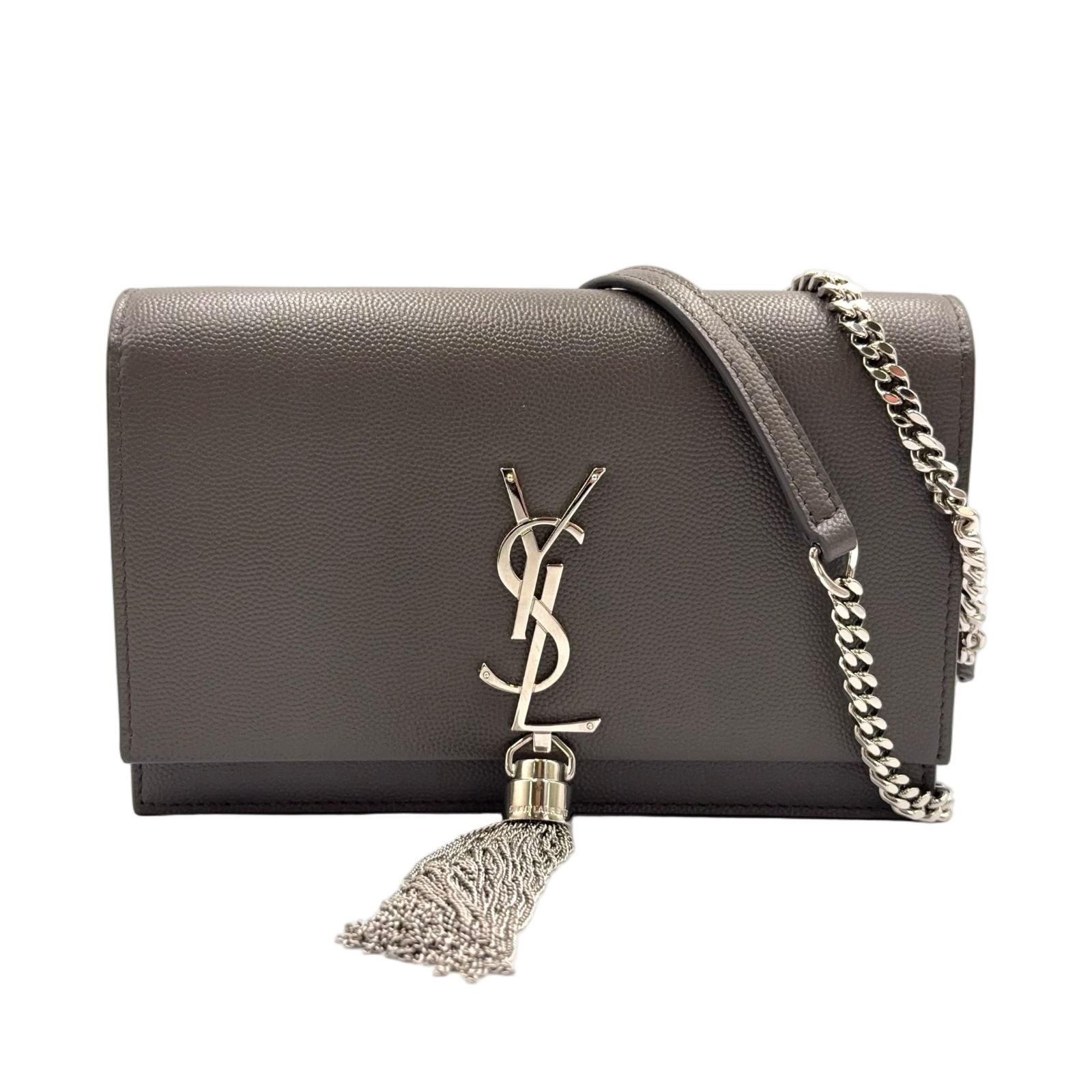 Saint Laurent Paris Kate Tassel Chain Wallet Shoulder Bag Leather Gray Silver