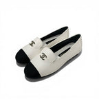 Chanel Loafers Leather Shoes White Black CC Logo Bicolor Flat