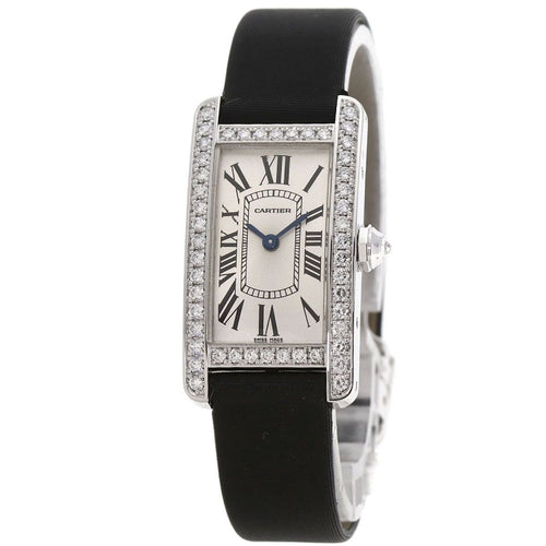 Cartier Tank American SM Bezel Diamond Watch 18K White Gold Satin X