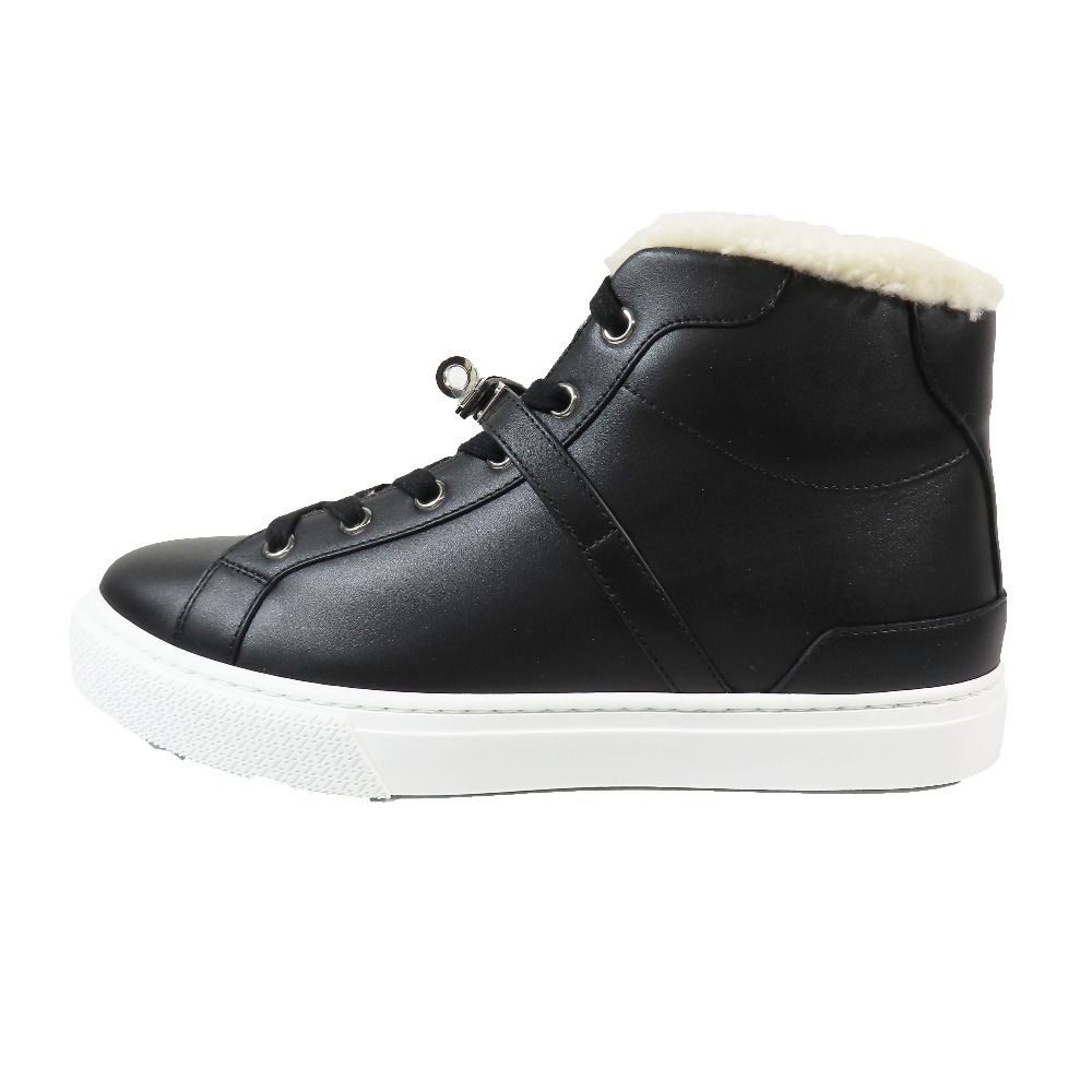 Hermes Day Kelly Buckle Silver Shearling Leather Short Boots Shoes Black