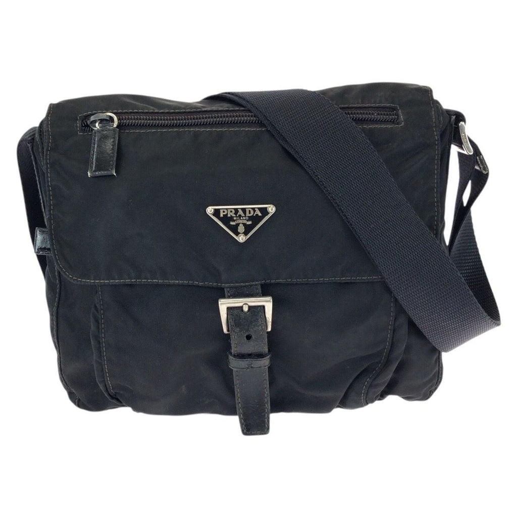 Prada Tessuto Black Silver Nylon Leather Shoulder Bag