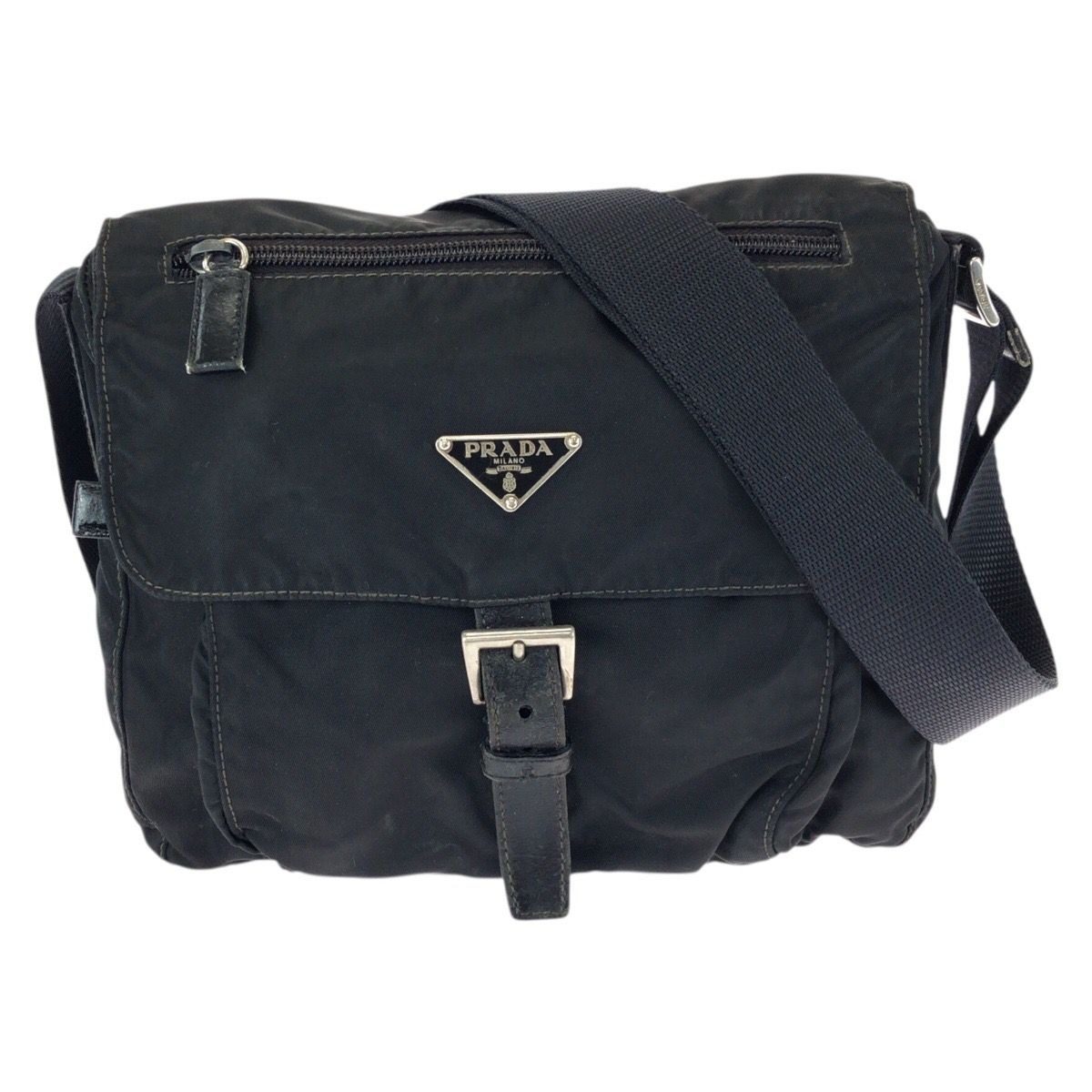 Prada Tessuto Black Silver Nylon Leather Shoulder Bag