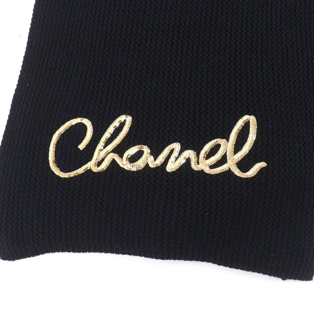 Chanel Cashmere Writing Logo Embroidery Sequin Knit Scarf Shawl Black — view 4