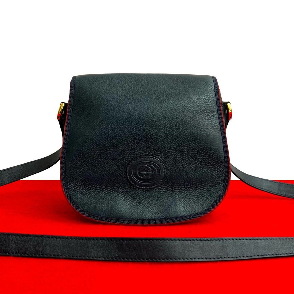 Gucci Vintage GG Logo Leather Shoulder Bag Pochette Crossbody Navy Red