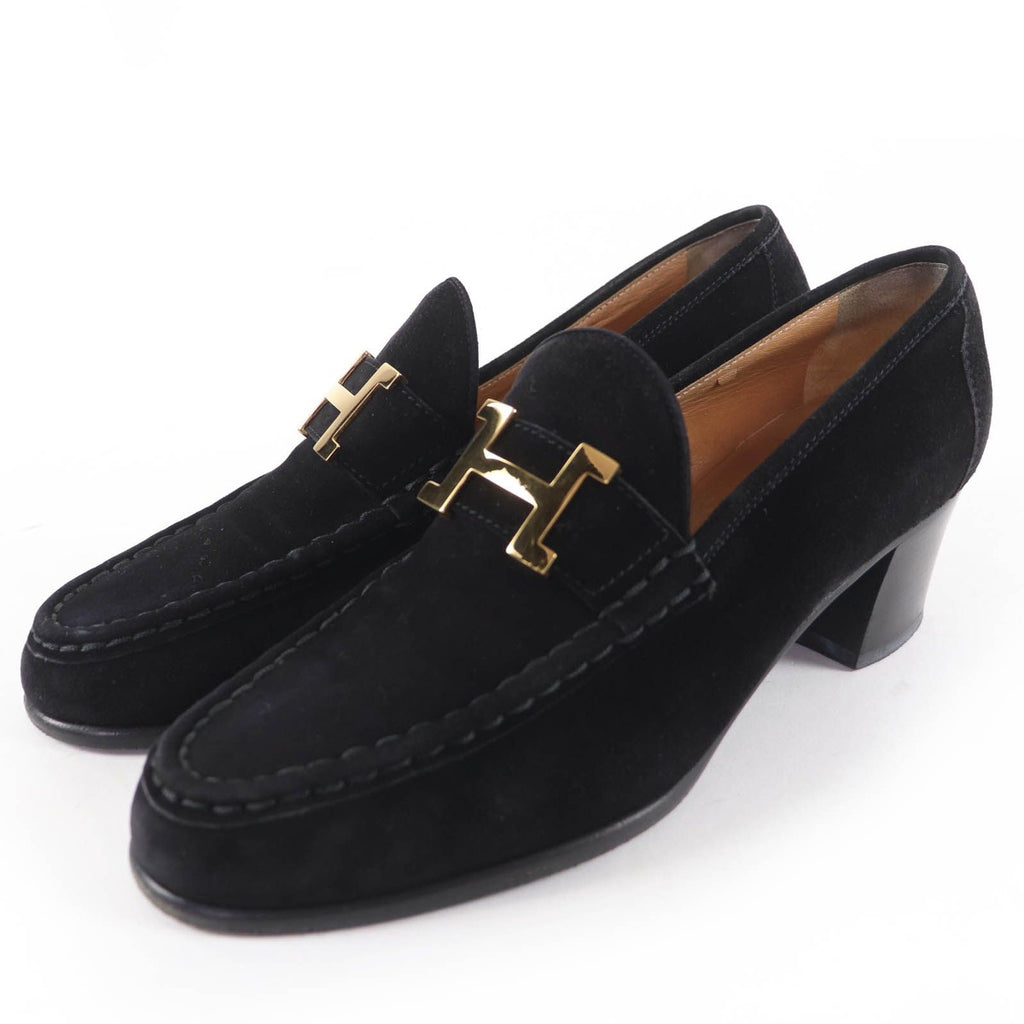 Hermes Vintage Constance Gold Hhardware Suede Leather Loafer Black 37